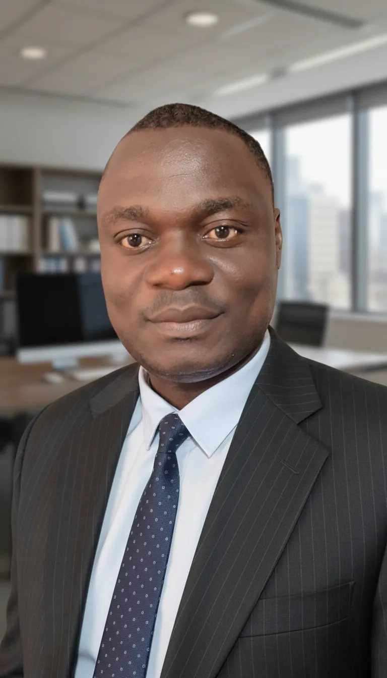 Portrait of a confident businesswoman sitting at a desk with a laptop in a modern office.